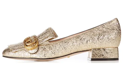 GUCCI Leather Chunky Heel Mary Jane Shoes Low Heel Women's Gold