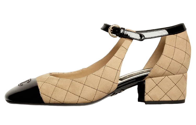 CHANEL Suede Chunky Heel Mary Jane Shoes Women's Beige