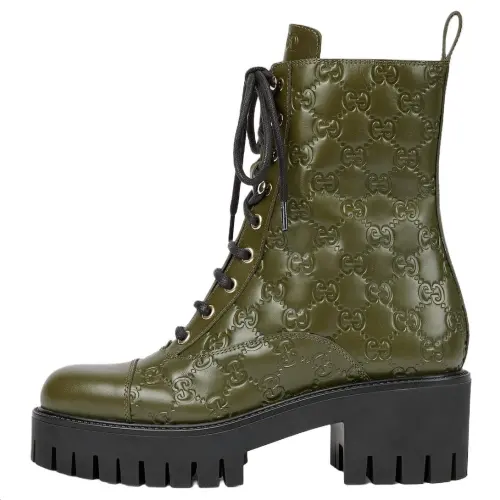 GUCCI Leather Short Combat Boots 5.8cm Women's Green