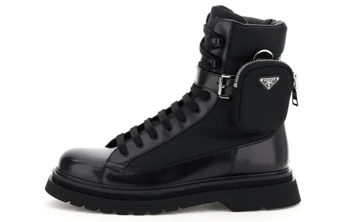 PRADA Cow Split Leather Short Combat Boots Men's Black