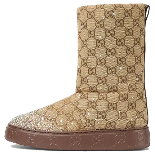 GUCCI Crystal Boots Beige Dark Brown Gg Canvas Women's