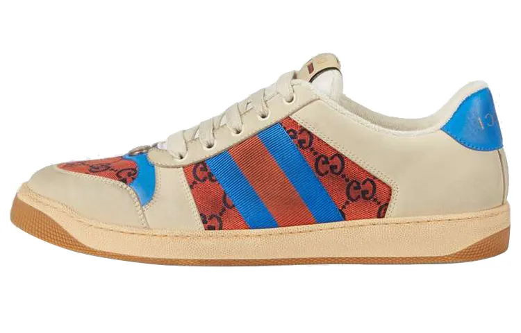 GUCCI Screener Distressed Shoes Canvas Skateboard Shoes Men's Beige Red Blue