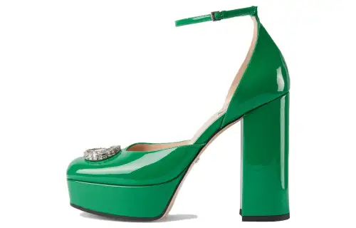 GUCCI GG Patent Leather Chunky Heel High Heels 11cm Women's Green