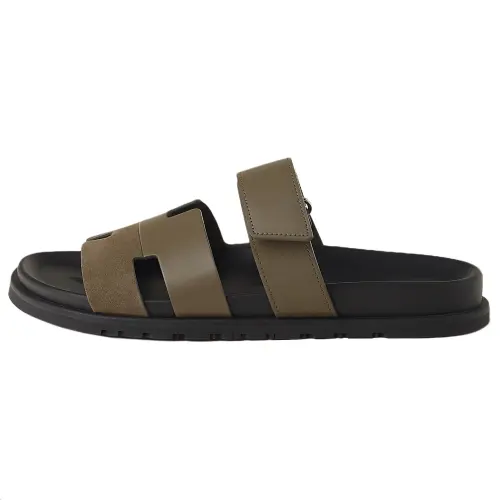 HERMES Chypre Slide Slippers Men's Brown Green