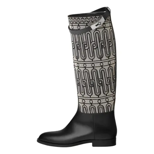 HERMES Jumping Leather Knee high Boots Women's Black