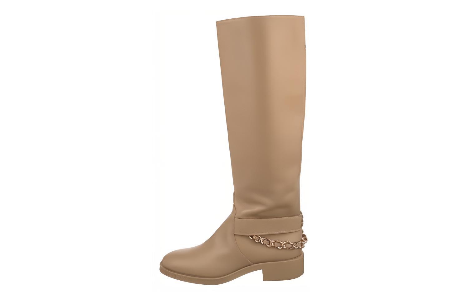 CHANEL Leather Comfortable Round Toe Knee high Boots Women's Beige