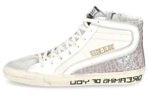 Golden Goose Slide Cow Leather High top Stylish Skateboarding Shoes Women's White Gray Distressed