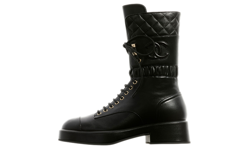 CHANEL Lace Ups Combat Boot Black Leather