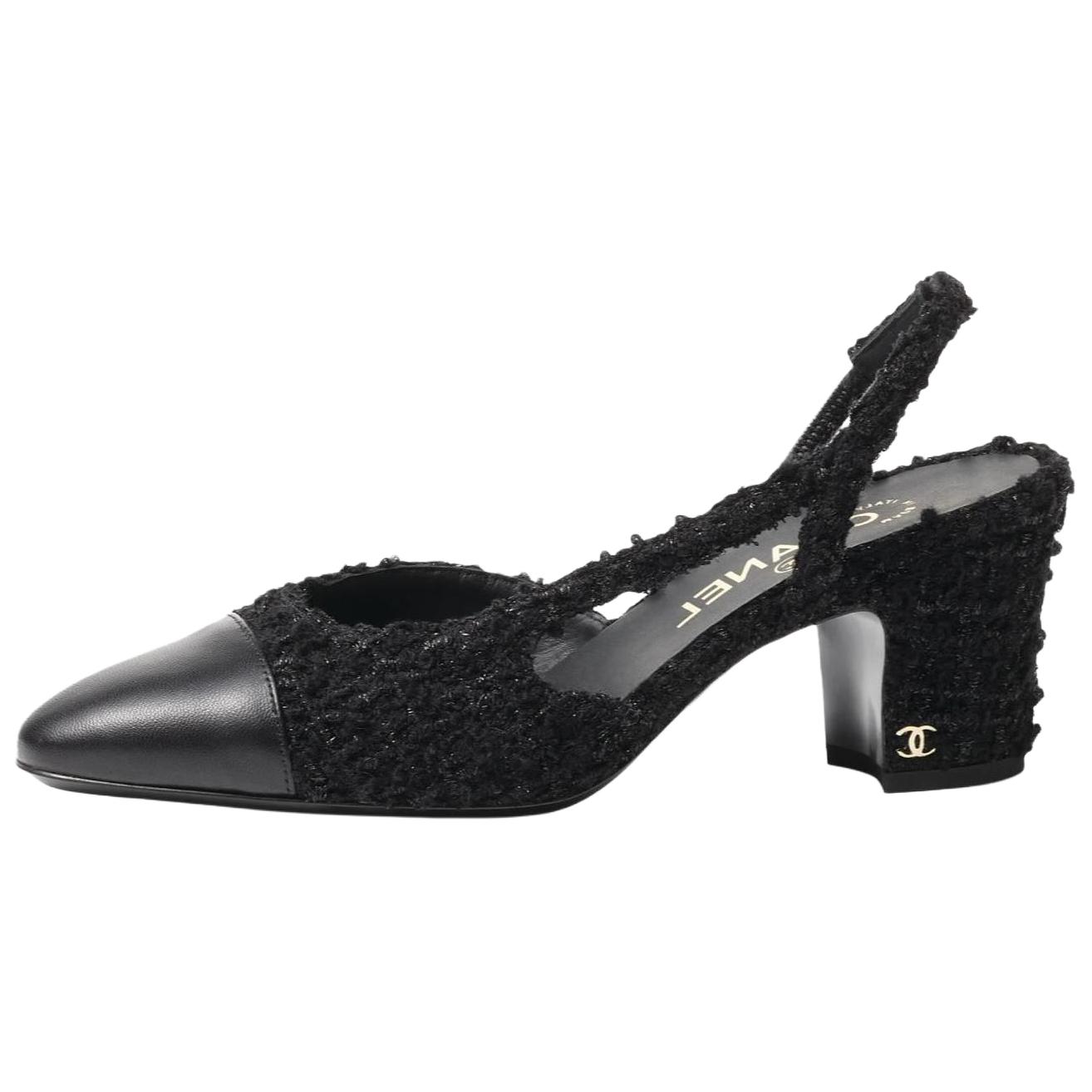 CHANEL Leather, Textile Chunky Heel High Heels 6.5cm Women's Black