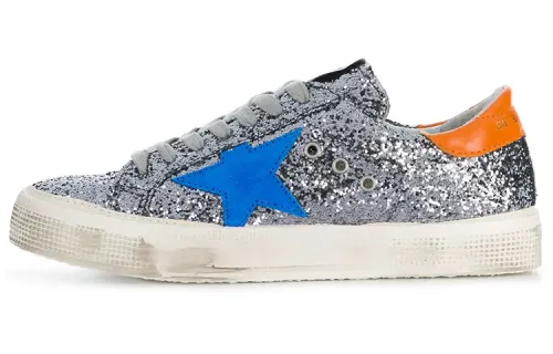 Golden Goose May Star Leather Stylish Skateboarding Shoes Women's Silver Distressed