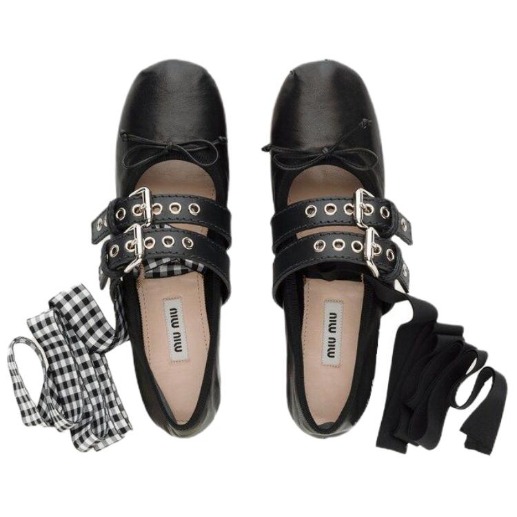 MIU MIU Leather Flat Casual Shoes Women's Black