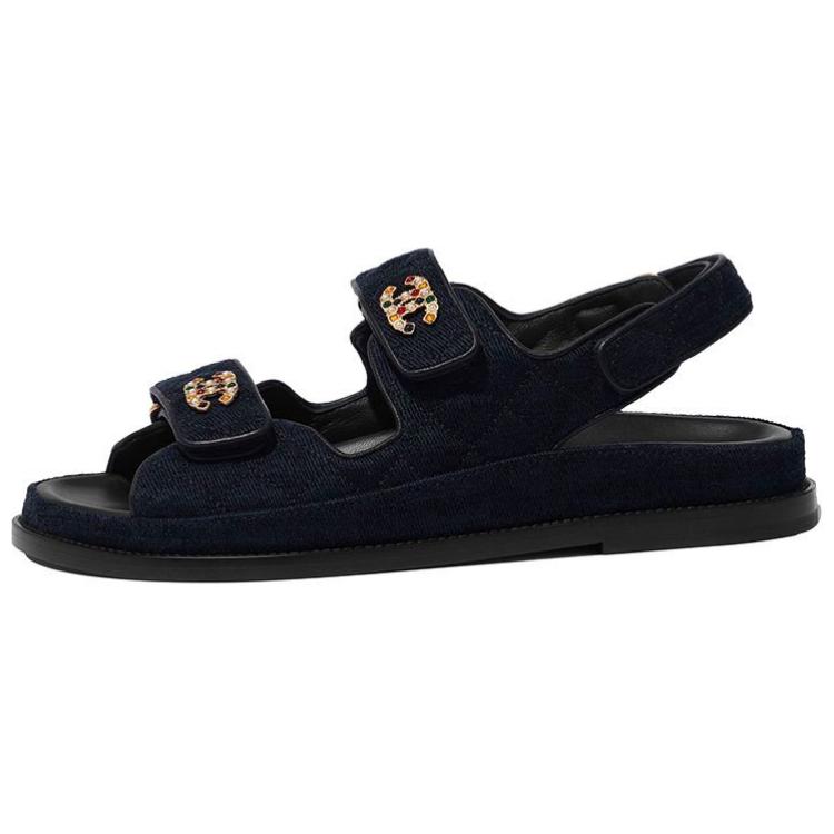 CHANEL Leather Velvet Beach Sandals Women's Marine Blue