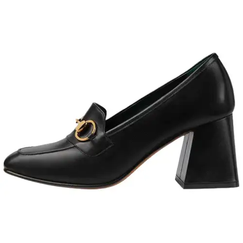 GUCCI Horsebit Leather Chunky Heel High Heels 3.5cm Women's Black