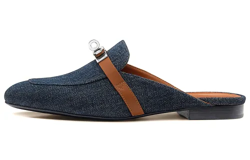 HERMES Hermès calfskin canvas mules flats women's denim blue