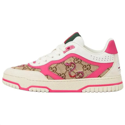 GUCCI Re Web Leather Low top Skateboard Shoes Women's Beige Brown
