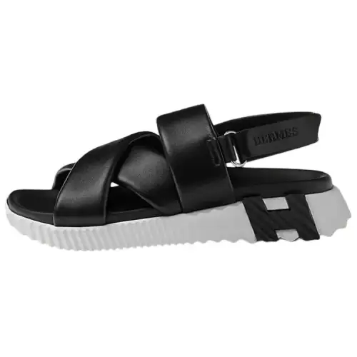 HERMES Electric Leather Beach Sandals Women's Black White