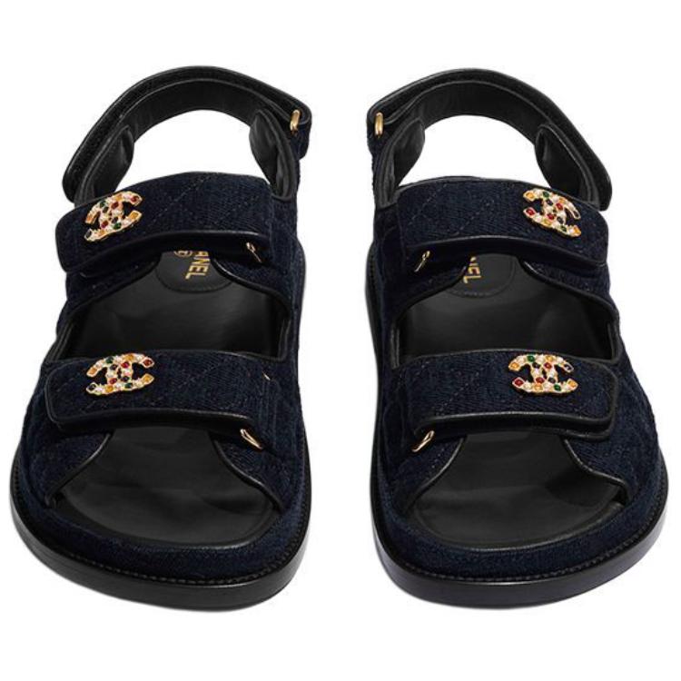 CHANEL Leather Velvet Beach Sandals Women's Marine Blue