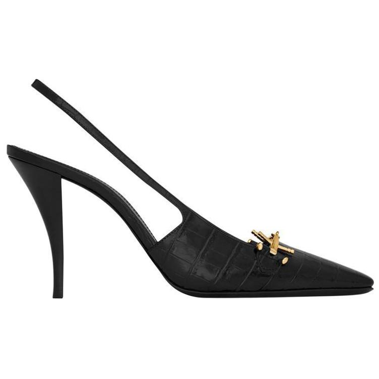 SAINT LAURENT Blade Slingback Pump Black Crocodile Embossed Patent Leather Women's