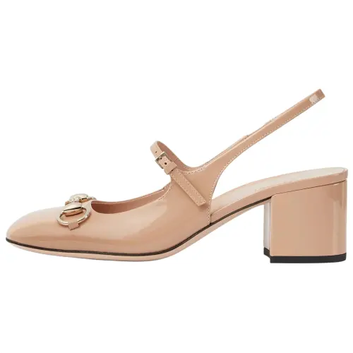 GUCCI Horsebit Patent Leather Chunky Heel High Heels Women's Beige