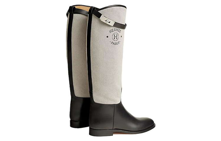 HERMES Jumping Leather Knee high Boots Women's Black Gray