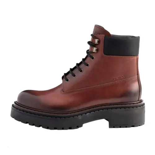 PRADA Leather Short Combat Boots Men's Brown