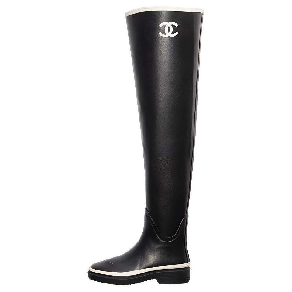 CHANEL Thigh High Rubber Rain Boots Black Women's