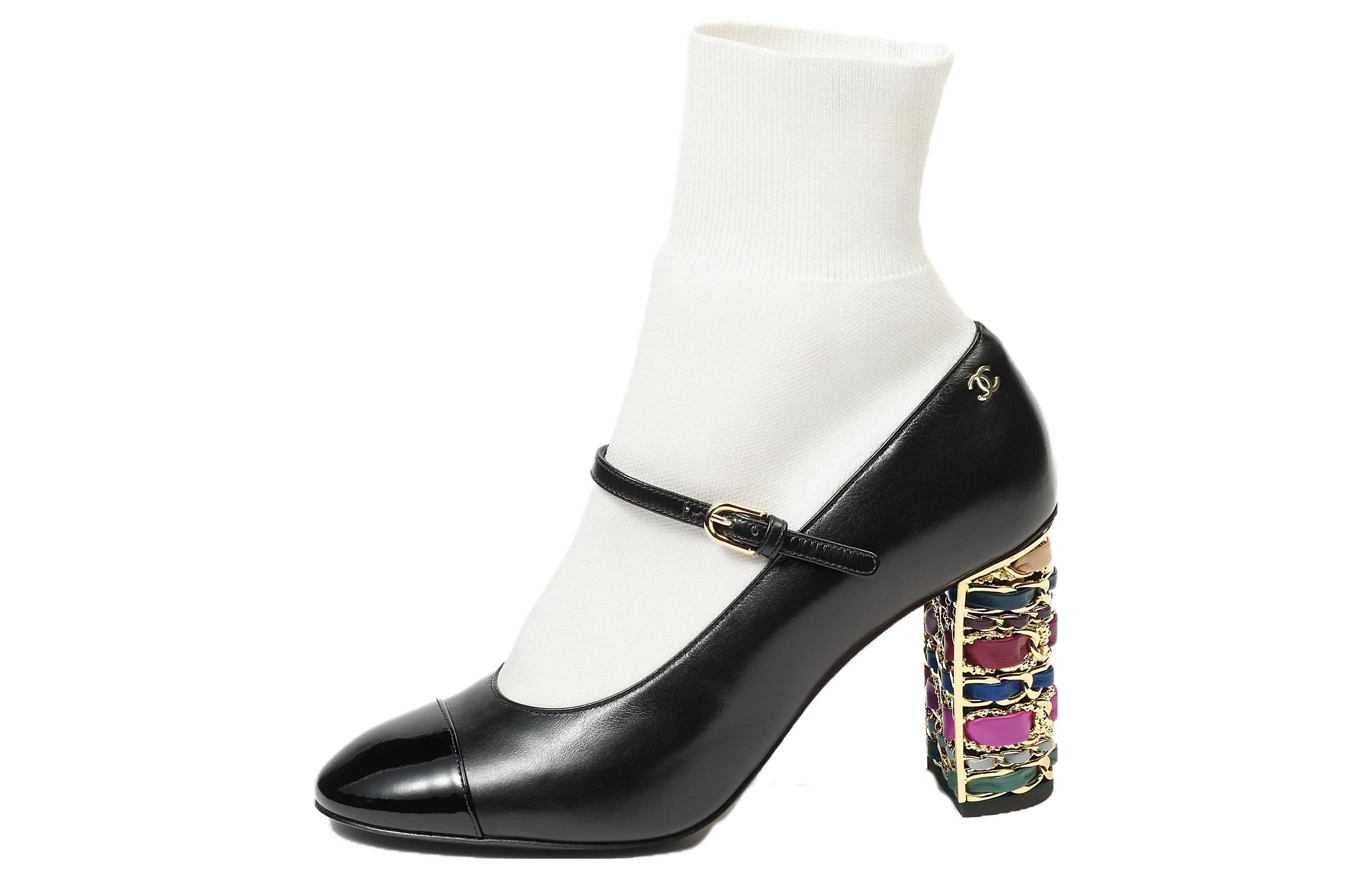 CHANEL Leather Chunky Heel High Heels 9cm Women's Black White