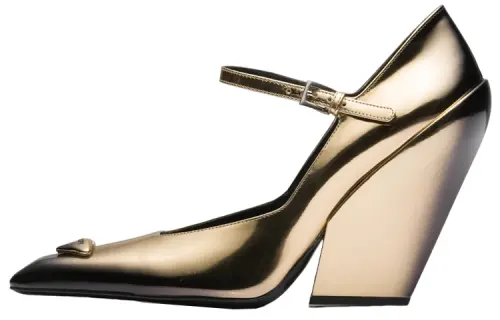PRADA Leather Chunky Heel High Heels Women's Gold
