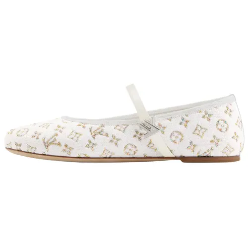 LOUIS VUITTON Romy Textile, Cow Leather Flat Mary Jane Shoes Women's Ivory White