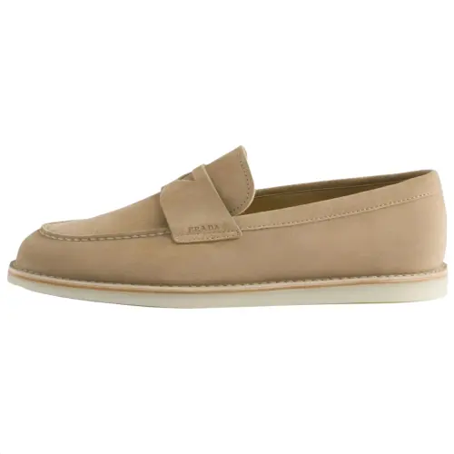 PRADA Triangle Suede Loafers Men's Light Umber