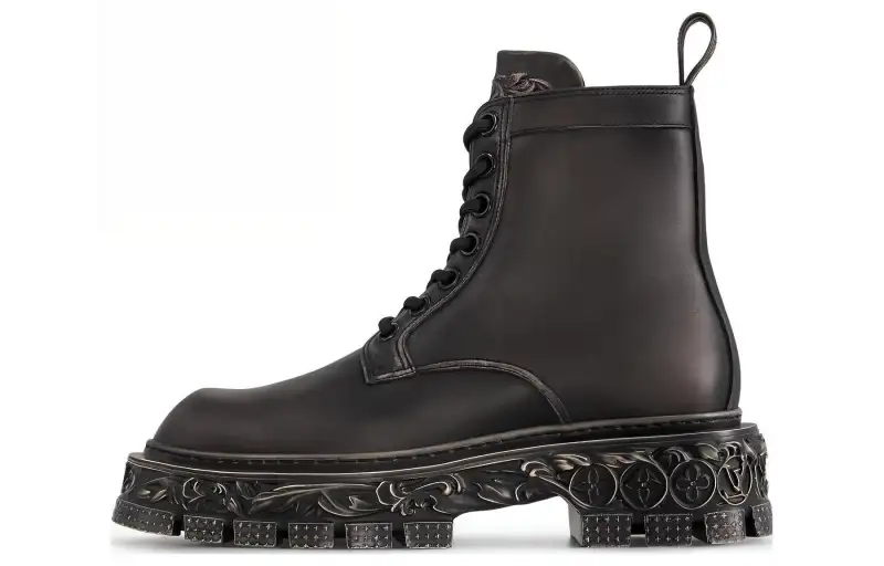 LOUIS VUITTON Baroque Cow Leather Short Mid Calf Combat Boots Men's Black