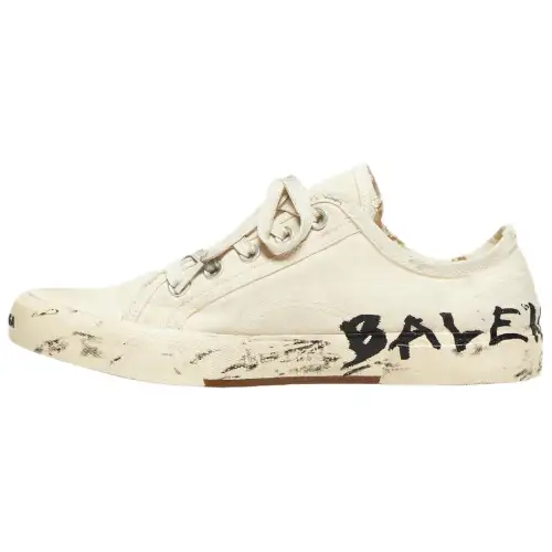 Balenciaga Paris Low Top Sneakers 'White Destroyed Cotton And White Rubber With Graffiti' Women's