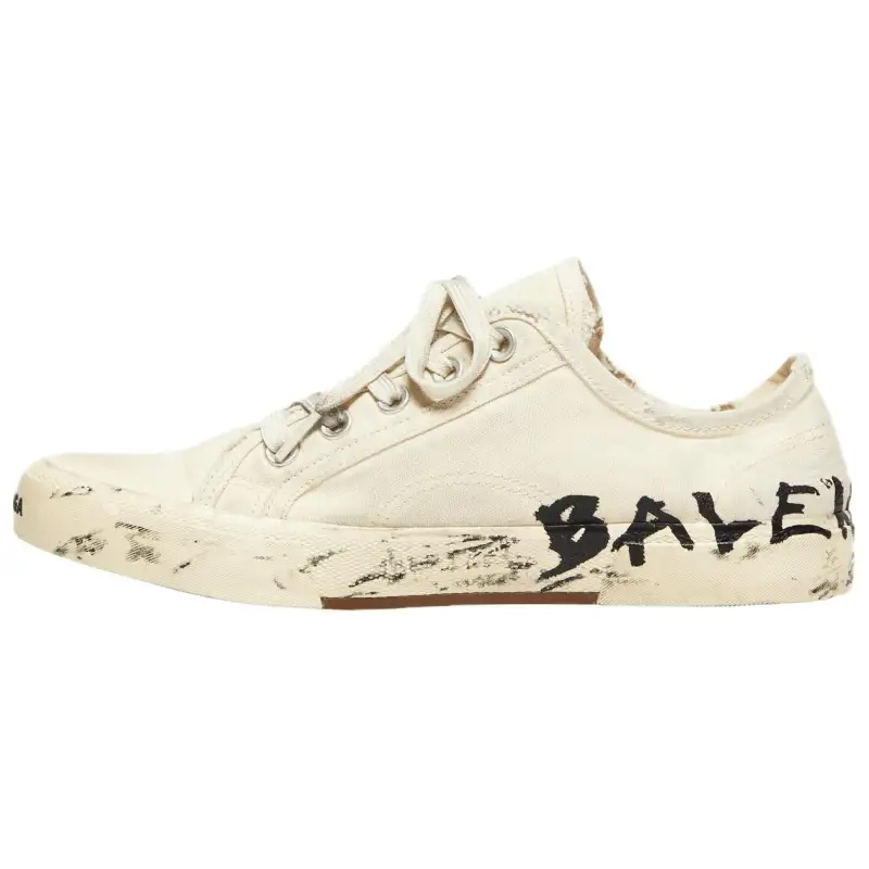 Balenciaga Paris Low Top Sneakers 'White Destroyed Cotton And White Rubber With Graffiti' Women's