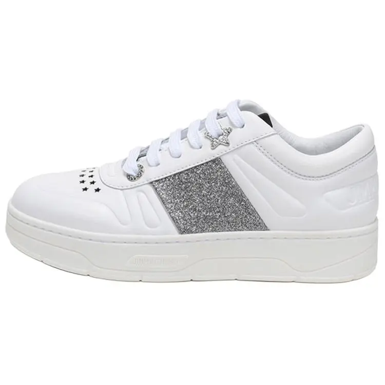 Jimmy Choo Hawaii Top Grain Cow Leather Low top Stylish Skateboarding Shoes Women's White Silver