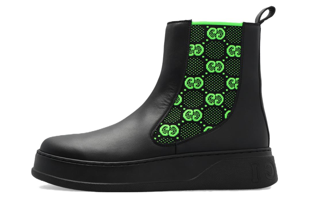 GUCCI Gucci Leather Stretch Jersey Insert Short Chip Chelsea Boots Men's Black and Green