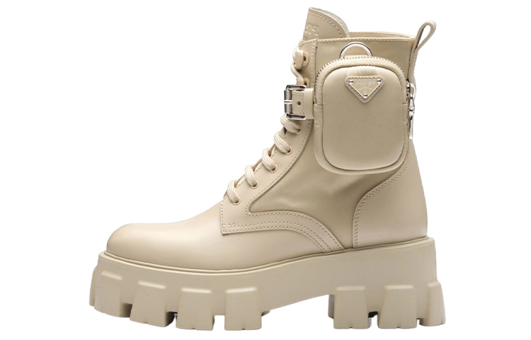 PRADA Monolith 55mm Pouch Ankle Boots Desert Beige Leather Women's