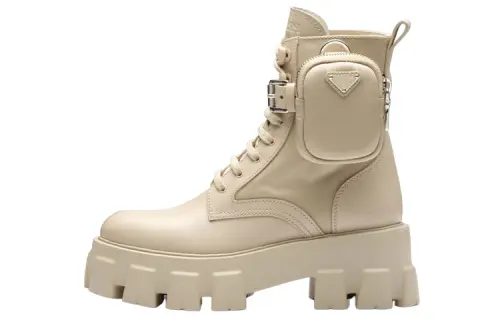 PRADA Monolith 55mm Pouch Ankle Boots Desert Beige Leather Women's