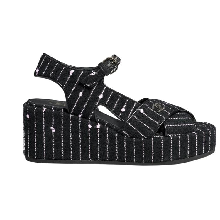 CHANEL Cotton Fabric Beach Sandals Women's Black