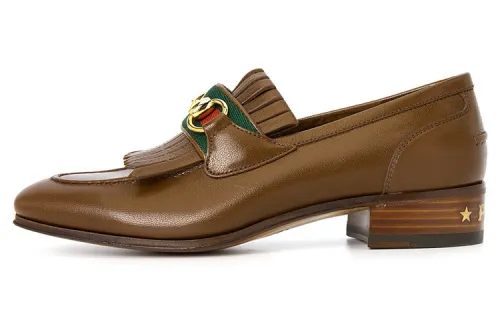 GUCCI Interlocking Cow Leather Fringe Loafers Women's Brown
