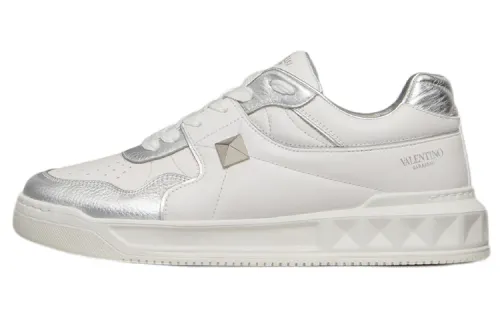 Valentino One Stud Leather Low top Stylish Skateboarding Shoes Men's Silver White