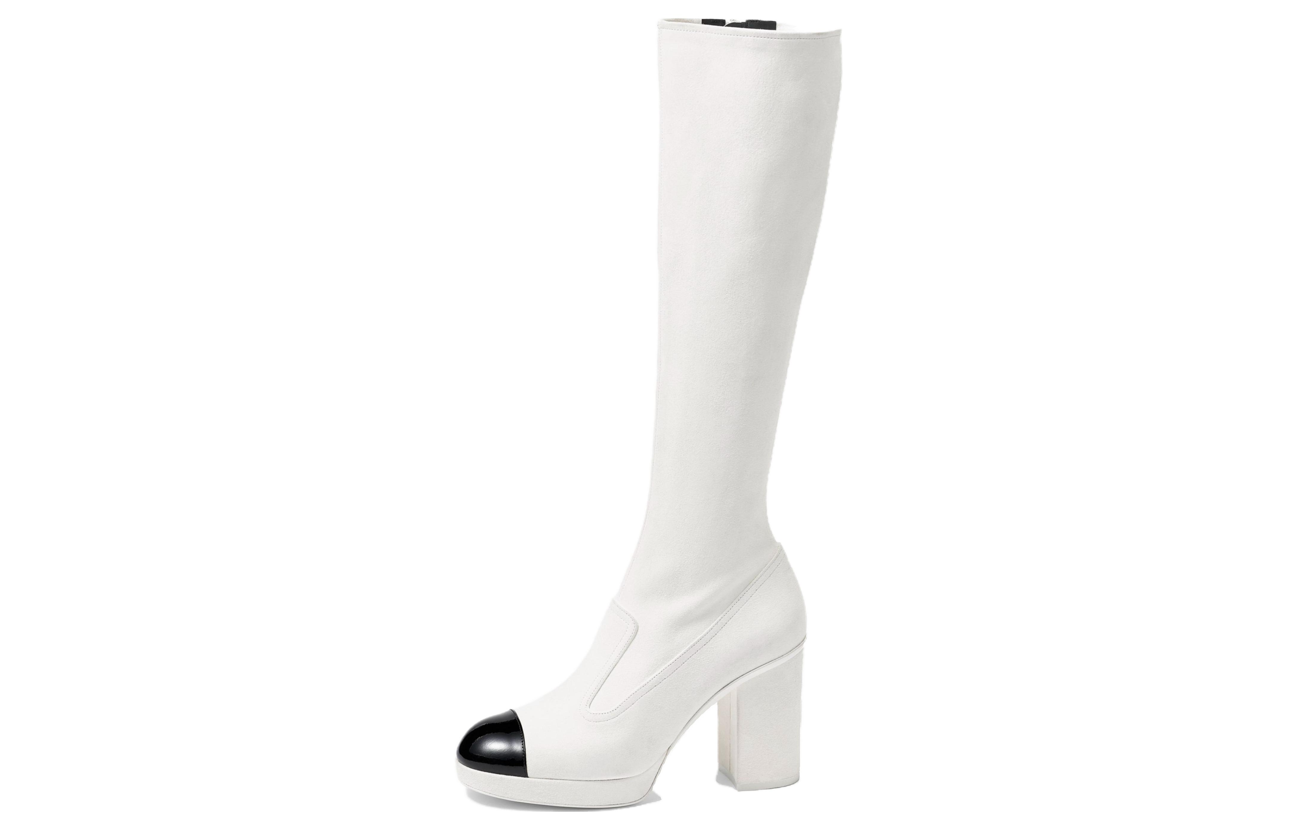 CHANEL Leather Knee high Boots Women's Black White