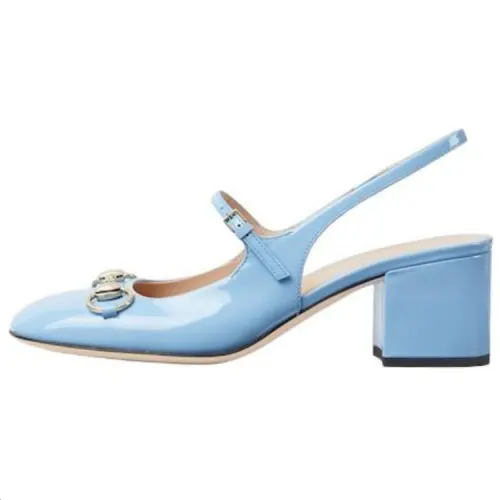 GUCCI Horsebit Patent Leather Chunky Heel High Heels Women's Blue