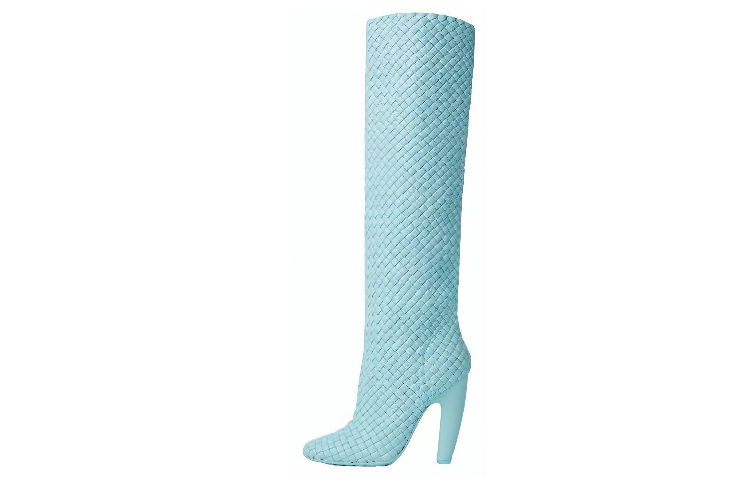 Bottega Veneta Canalazzo Leather Woven Knee High Boots 10cm Women's Light Blue