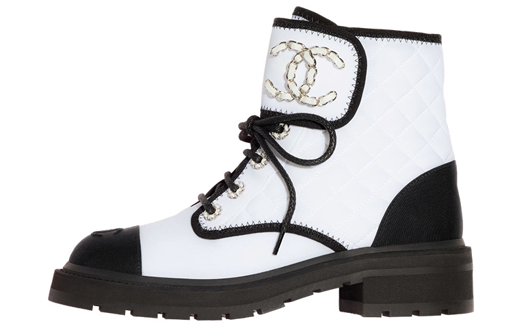 CHANEL Lace Up Ankle Boots Women's White Black