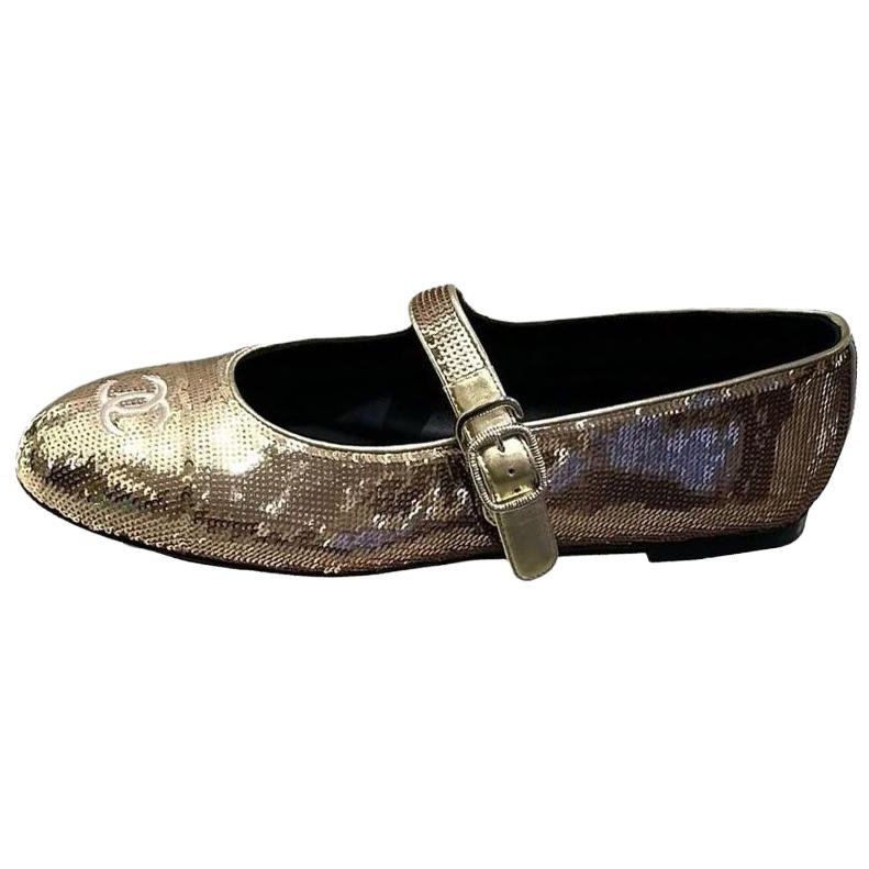 CHANEL 25S Patent Leather Flat Mary Jane Shoes Women's Gold