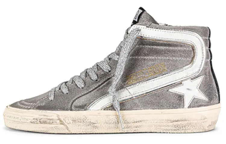 Golden Goose Slide Leather Mid top Skateboard Shoes Women's Silver