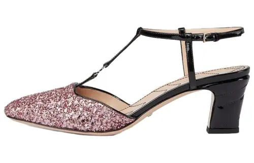 GUCCI Double G Leather Buckle Chunky Heel High Heels 5.3cm Women's Pink