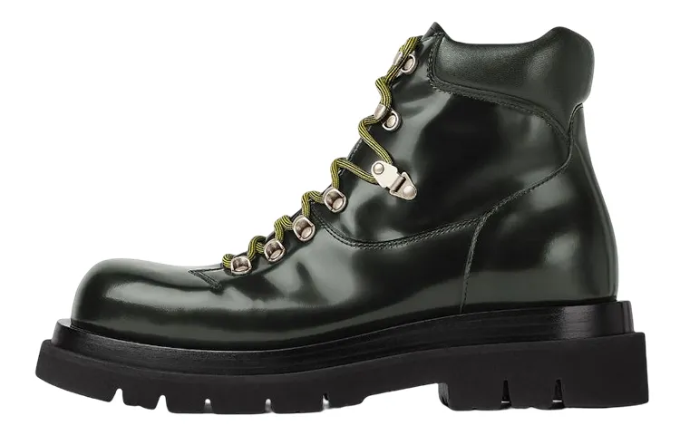 Bottega Veneta Lug Leather Lace Up Short Ankle Boots 5.5cm Men's Dark Green
