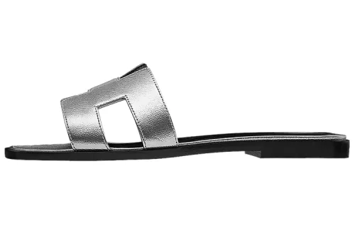 HERMES Oran Flat Slide Slippers Women's Silver Gray