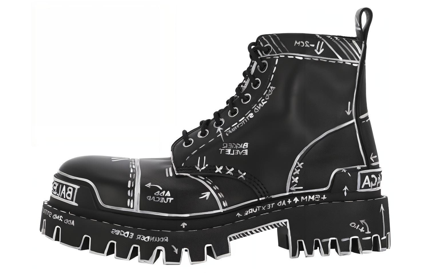 Balenciaga Balenciaga Strike Leather Lace Up Round Toe Fashion Short Boots Men's Black